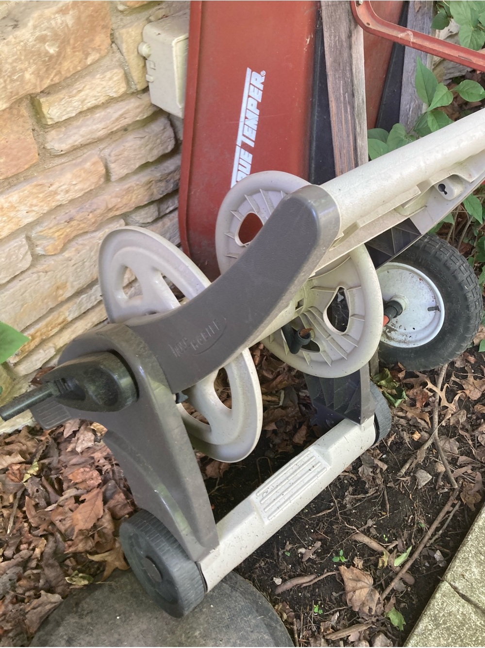 White and Gray Portable Hose Reel Cart